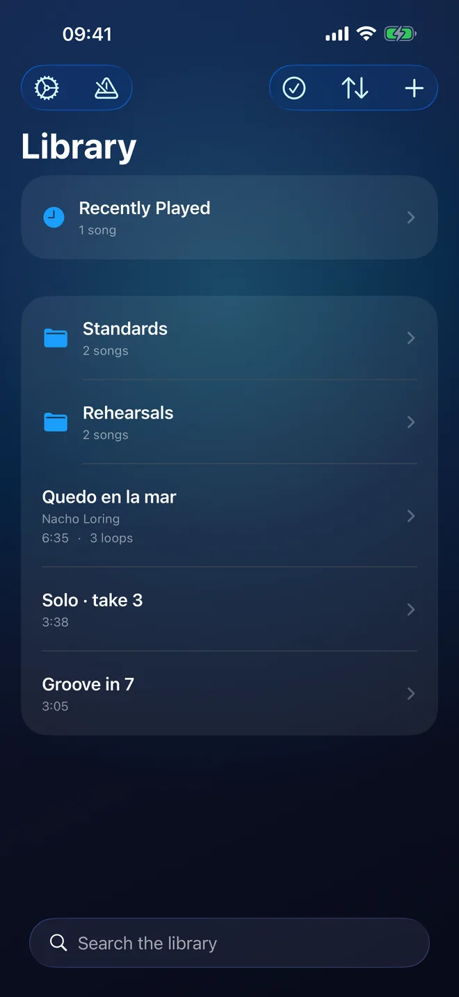 Library: "Recently Played", the Standards and Rehearsals folders and three songs, with the search field at the bottom