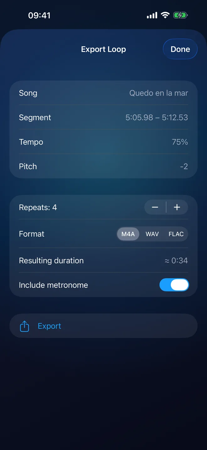 Export Loop: the segment, tempo at 75%, pitch at −2, 4 repeats, M4A, WAV or FLAC, with "Include metronome" on