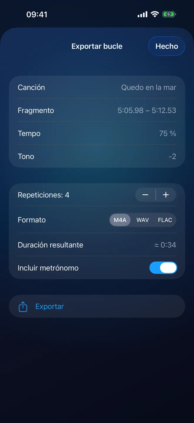 Exportar bucle: el fragmento, el tempo al 75 %, el tono a −2, 4 repeticiones, M4A, WAV o FLAC e «Incluir metrónomo» activado