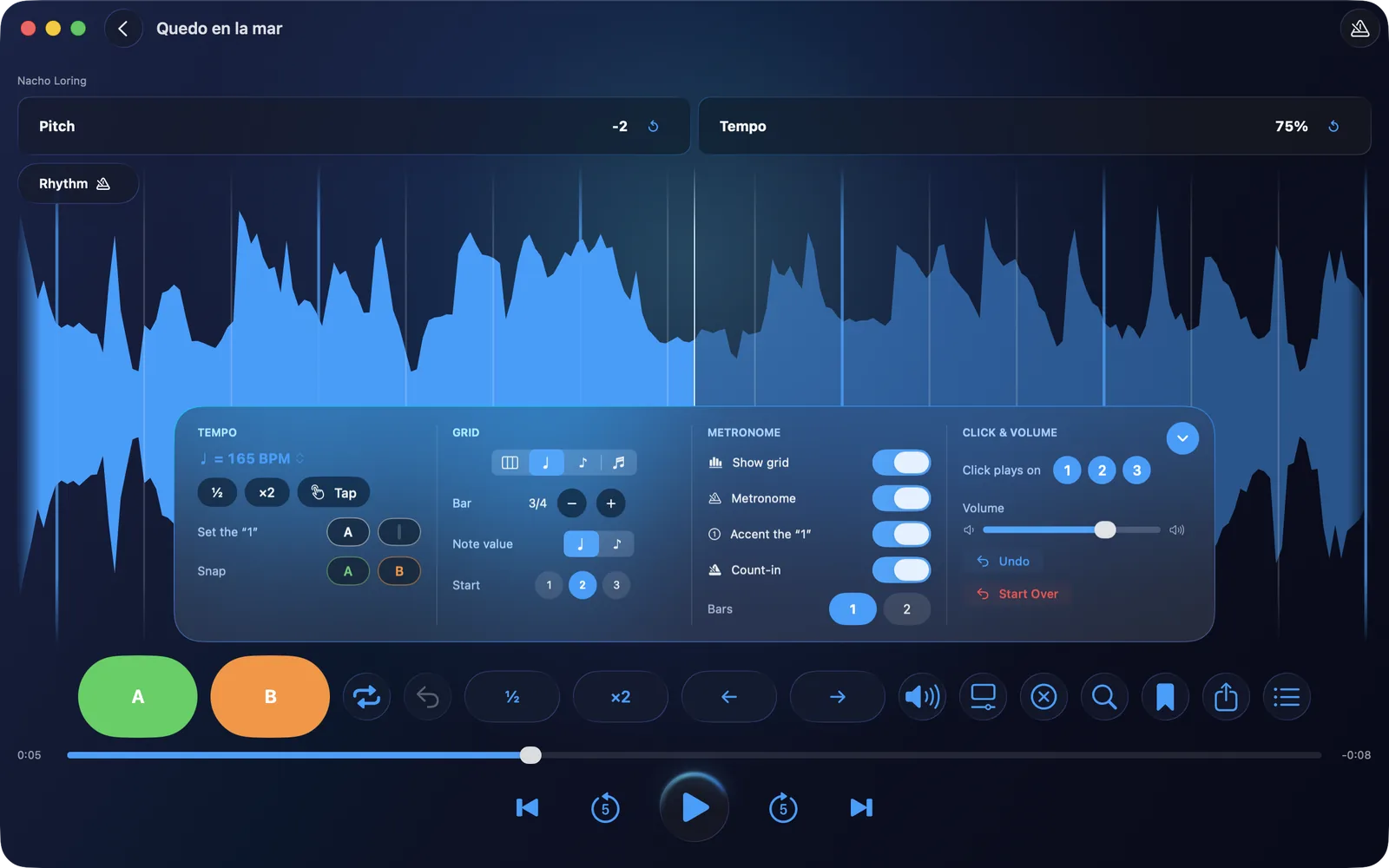 RitLoop’s Rhythm panel on Mac, open over the waveform with the rhythm grid