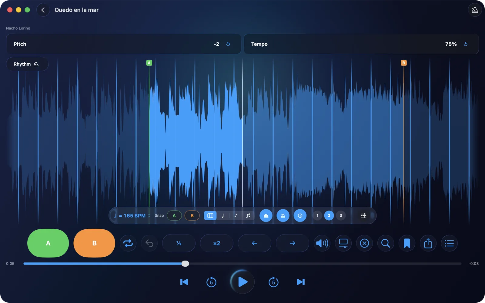 RitLoop on Mac with "Quedo en la mar": the waveform with the rhythm grid, A and B set, 165 BPM, pitch at −2 and tempo at 75%
