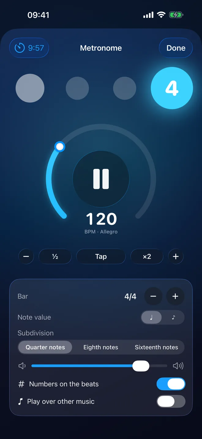 The RitLoop metronome playing at 120 BPM, on beat 4, with the practice timer at 9:57