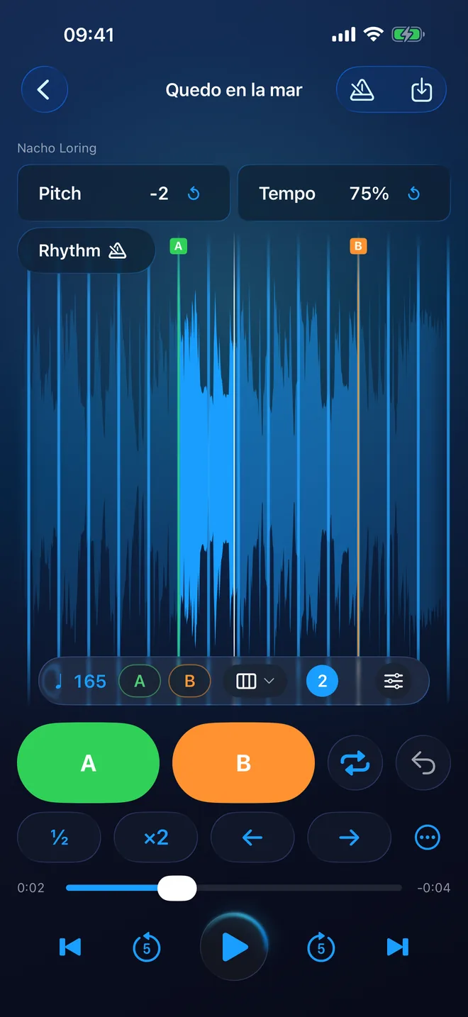 The rhythm grid over the waveform, with A and B snapped to the beat, at 165 BPM