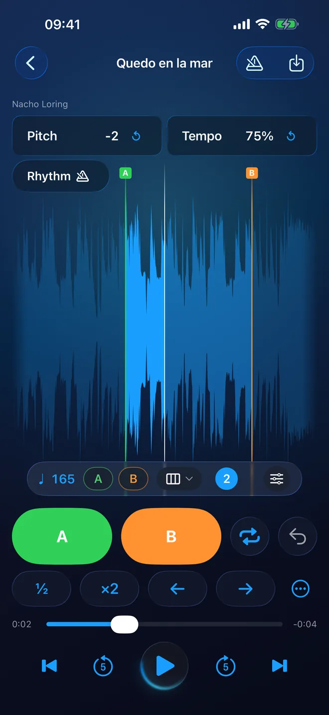 The RitLoop player with "Quedo en la mar": the waveform with A and B set, 165 BPM, pitch at −2 and tempo at 75%